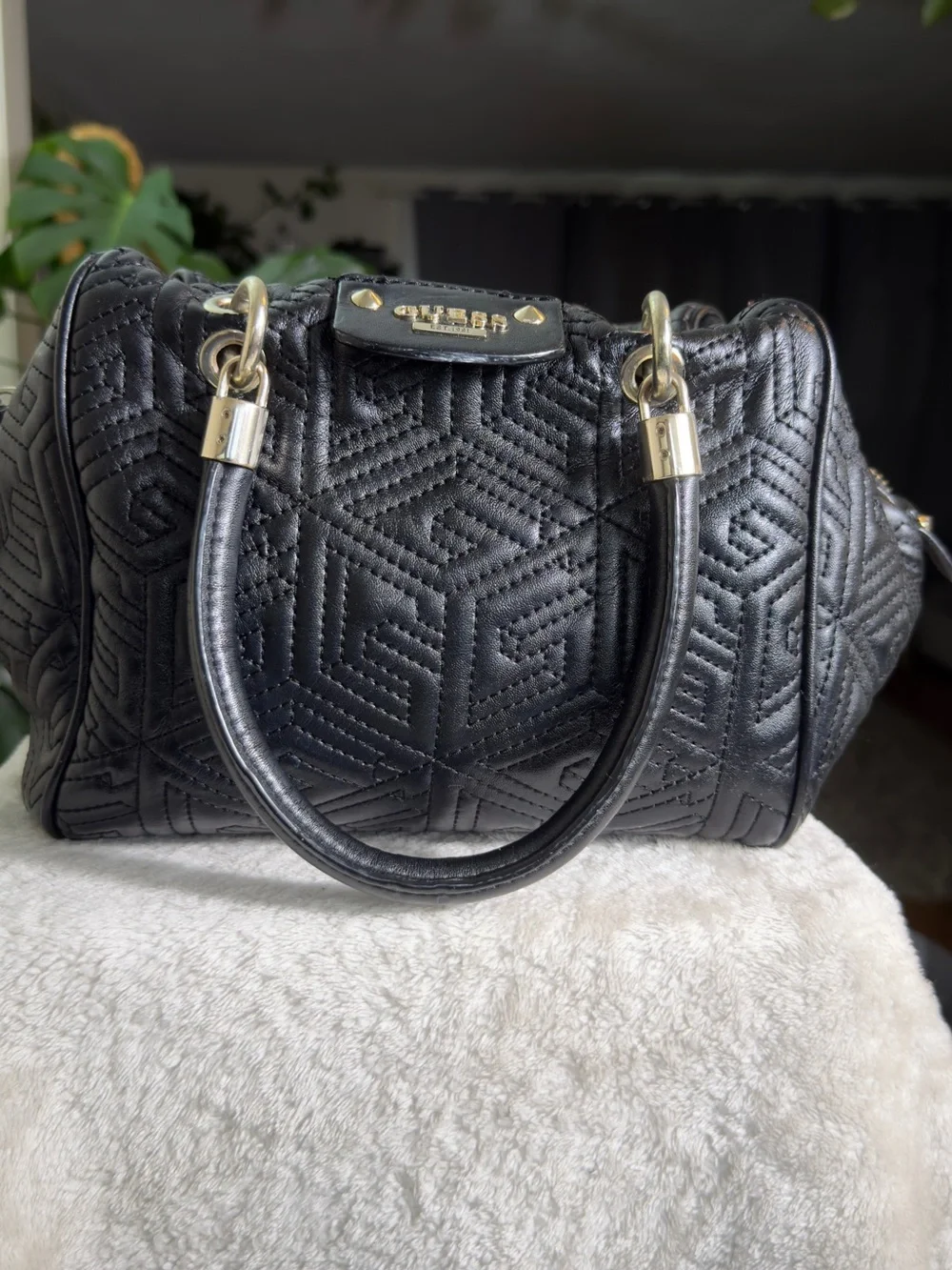Guess Geometric Quilted Barrel Satchel Bag Black 3D Cube Top Handbag Purse